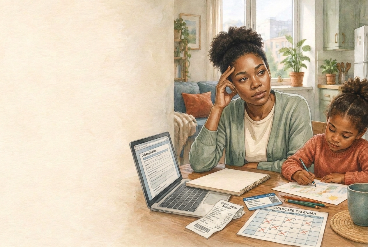 Watercolour illustration of a young Black single mother balancing job applications, groceries and childcare while her child draws beside her.